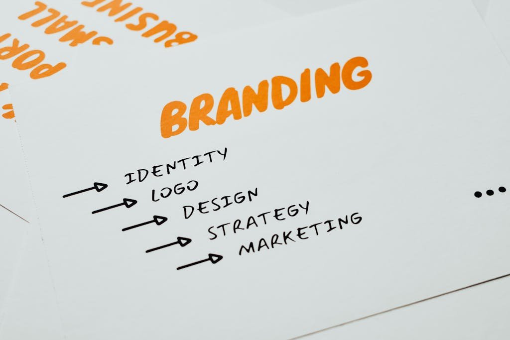 Close-up of a paper with branding, identity, design, strategy, and marketing concepts in orange and black. Content Marketing Strategy